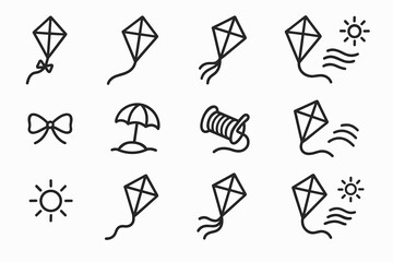 Kite and summer symbols: line art design with sun and beach icons