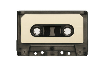 Vintage audio cassette tape in sharp detail, highlighting analog music era's iconic storage medium against transparent backdrop