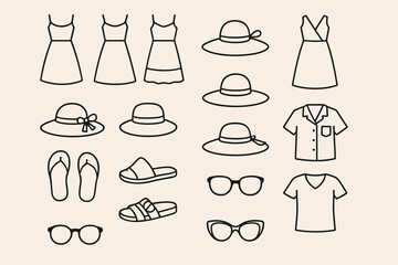 Outline icons of summer clothing and accessories