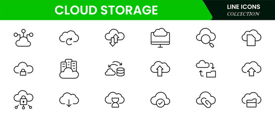 Sleek vector web line icons depicting cloud storage, backup, data sync, servers, and secure digital solutions for seamless access.
