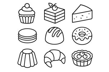 Black and white outline desserts including cupcake, cake, donut, and croissant