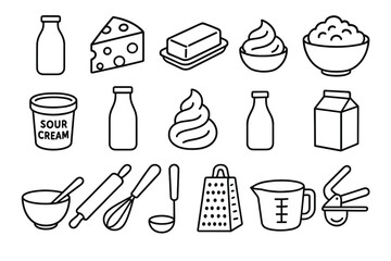 Assorted kitchen utensils and dairy products icons in black line art style