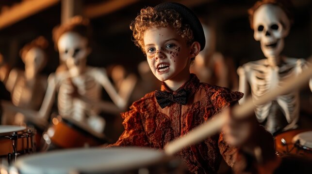 A young boy passionately playing drums in a dimly lit space filled with skeletal figures, juxtaposing innocence and eeriness in a captivating Halloween-inspired scene.