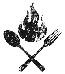 Flame with crossed spoon and fork, food kitchen restaurant logo grunge.