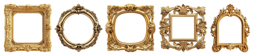 PNG Elegant ornate vintage gold frames, element set on transparent background