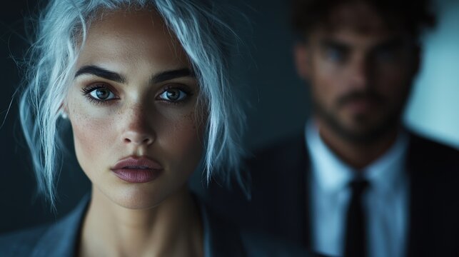 A sharp business portrait highlighting a confident woman in focus with a blurred male figure behind her, representing ambition, professionalism, and modern style.