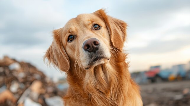 An adorable golden retriever with a gentle expression captured in a soft focus against a blurred background, showcasing the loyalty and warmth of pet companionship.
