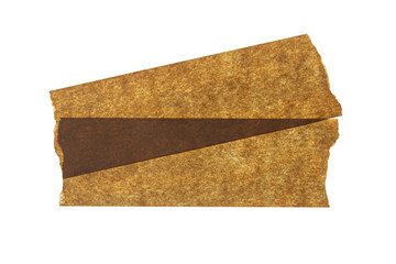 Two overlapping pieces of torn brown masking tape on white background