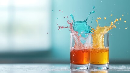 A dynamic shot capturing two glasses filled with vibrant juices as they splash together, embodying freshness, joy, and thirst-quenching delight perfect for summer refreshment.