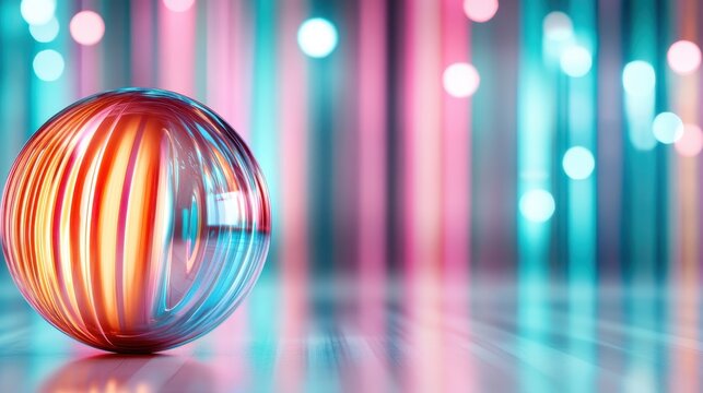 A close-up of a shimmering glass sphere reflecting vibrant colorful lights, representing clarity, focus, and the beauty of light, perfect for artistic and decorative purposes.
