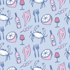 Sea food vacation seamless pattern. Wine, crab, seashells and lemon hand drawn illustration. Design for textile, paper wrap restaurant and menu. Ocean and sea delicacy