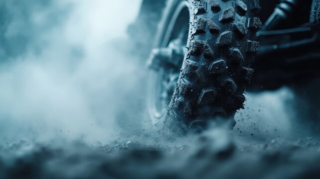 Close-up image of a rugged tire revealing intricate tread patterns as it powers through a dusty environment, capturing the thrill of off-road adventures and exploration.