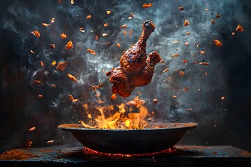 Dramatic Cooking Scene with Spicy Chicken Flying Above the Flames