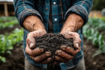 Farmer's hands cradling soil symbolizing growth and care for the earth Close-up captures the essence of agriculture and sustainability