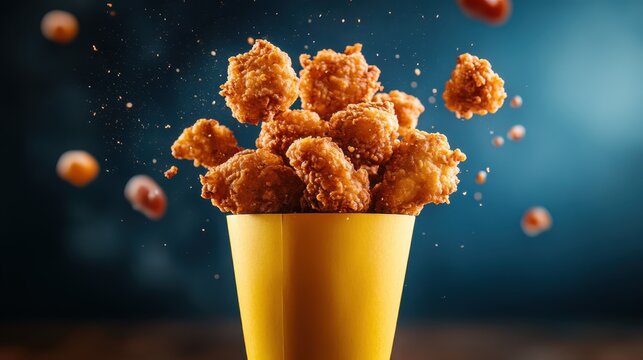 Golden crispy fried chicken bites burst out of a vibrant yellow cup, creating an enticing display that promises enjoyment and indulgent comfort food.