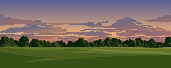 Serene sunset with meadow and forest.eps