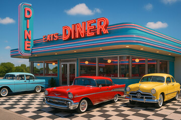 Nostalgic Scene of Classic Cars Parked in Front of Retro Diner Building