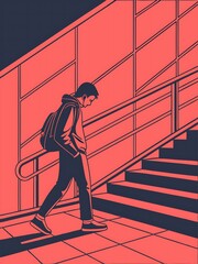A man wearing a mask walks down stairs in an underpass