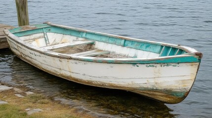 Weathered wooden rowboat at the water's edge.