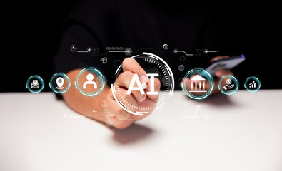A person interacts with a digital interface featuring AI and technology icons, symbolizing...