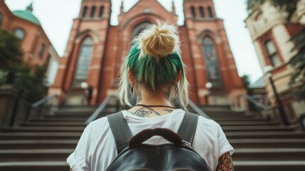 A thought-provoking image features a young woman with colorful hair standing at the steps of a historic building, inviting reflection on personal journeys and experiences.