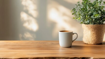 Obraz premium An elegant white coffee cup sits on a rustic wooden table next to a green potted plant, creating a serene and inviting atmosphere perfect for relaxation or contemplation.