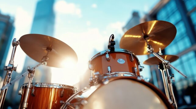 A vibrant drum set is positioned outdoors in an urban setting, highlighting the rich wood tones and shiny cymbals against a backdrop of skyscrapers and sunlight.