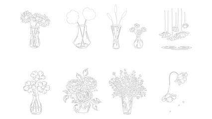 Decorative Flower Vases with Blooming Plant Line Sketch