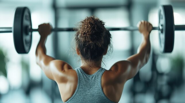 A determined woman showcasing her strength by lifting weights in a contemporary gym environment, exemplifying empowerment, fitness, and dedication to health and personal goals.