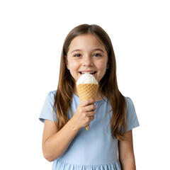 Little girl eating ice cream – joyful summer treat moment with happy expression, perfect for seasonal content, isolated on transparent background.