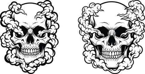 Outlined Skulls with Smoke Illustration, Artistic Design, Isolated DarkThemed Decorative Clip Art