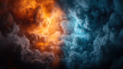 A dramatic and colorful blend of orange, black, and blue clouds create an abstract visual that represents turmoil and calmness in a captivating display of emotions.