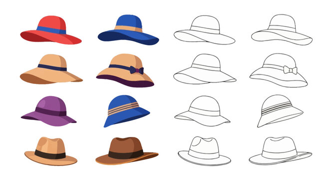 Assorted Colorful and Outlined Sun Hats Collection, Vector Illustration.
