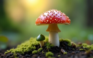 Red mushroom and green sprout on forest floor for nature and growth themed designs. High quality