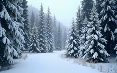 Fototapeta premium White frosted trees and dark green pines in a snowy winter forest Winter wonderland scene perfect for nature season and holiday themes. High quality