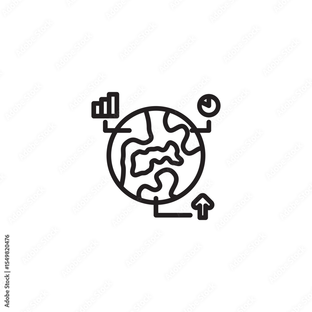 Poster a line art icon of a globe with various data representations. a bar chart, a circular arrow, and an 