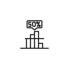 A simple line art icon displays a bar chart with four bars of varying heights. A speech bubble above the tallest, central bar shows "50%", indicating a specific data point. 