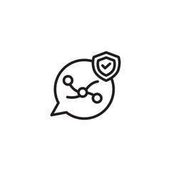 A minimalist line art icon features a speech bubble containing a connected network of dots, resembling a data flow or strategy. A shield with a checkmark is positioned on the top right of the bubble, 