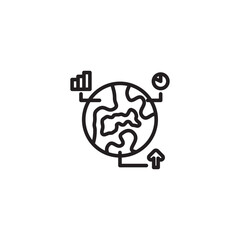 A line art icon of a globe with various data representations. A bar chart, a circular arrow, and an upward arrow extend from different points on the globe, symbolizing global data, trends, and growth.