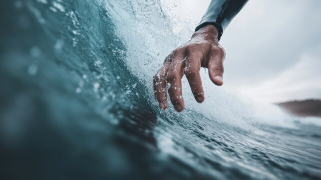 A close-up shot showcasing a surfer's hand reaching out, perfectly capturing the moment of action as waves splash and swirl around, showcasing the thrill of surfing. - Powered by Adobe
