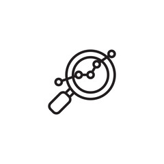 A minimalist line art icon features a magnifying glass examining a connected network of dots, resembling a data plot.