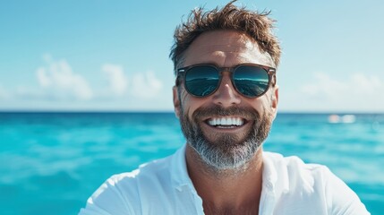 A cheerful man with sunglasses smiles brightly at the camera while enjoying a sunny day at the beach, showcasing a carefree and joyful atmosphere by the sea.