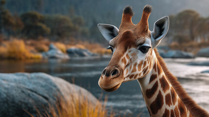 Obraz premium Close-up of a young giraffe's head and neck, gazing gently. Its coat is richly colored, set against a blurred background of a serene river and autumnal landscape. 