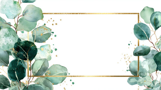 A delicate watercolor illustration showcasing eucalyptus leaves and golden frame accents, perfect for invitations, cards, or elegant stationary. Its charming design complements various themes