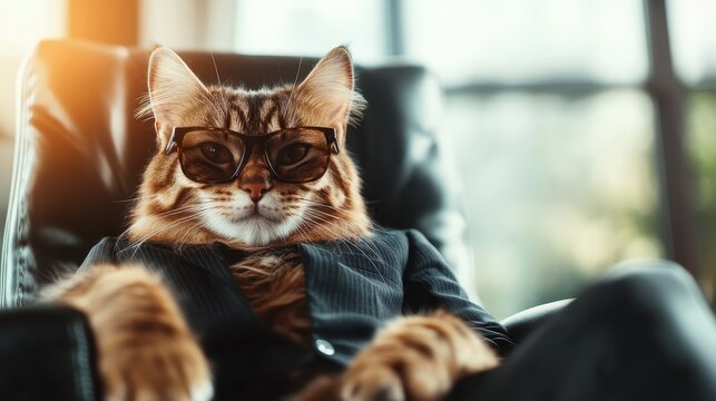 A fashionable cat sits comfortably in a chair wearing sunglasses and a suit, embodying a sense of style, confidence, and attitude that captivates viewers.