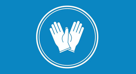 White Protective Gloves Icon: Pair of Clean, Simple,  Overlapping Gloves in a Circular Frame on Blue