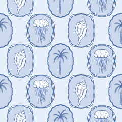 Tropical nautical pattern, summer Italy vacation mood. Retro palm trees, sardines, jellyfish in the frames. Mediterranean wallpaper, cute hand drawn design, textile, blue background