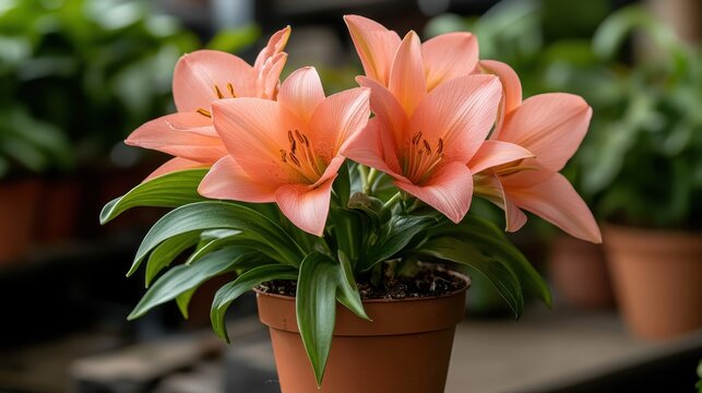 A stunning cluster of peach lilies stands tall in a terracotta pot, showcasing vibrant colors and lush green leaves that evoke feelings of freshness and vitality.