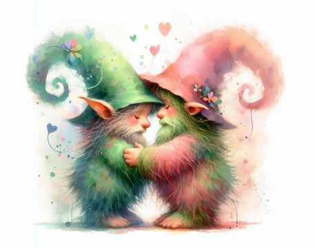 Cute fantasy gnome couple hugging, tender embrace, watercolor illustration with pastel colors, romantic love scene, LGBT theme, magical fairytale characters, art for greeting card or poster. - Powered by Adobe