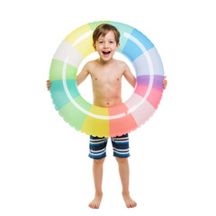 Joyful child in a rainbow inflatable ring – happy summer playtime and pool fun concept, isolated on a transparent background PNG.
